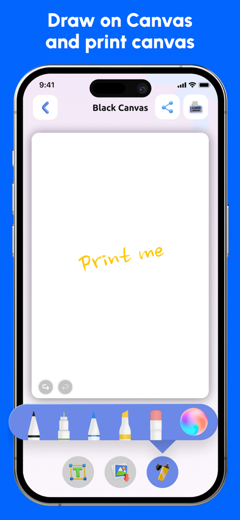 Eine mobile Oberfläche, die eine digitale Leinwand zum Zeichnen und Drucken von handgeschriebenen Notizen mit verschiedenen Stiftwerkzeugen zeigt