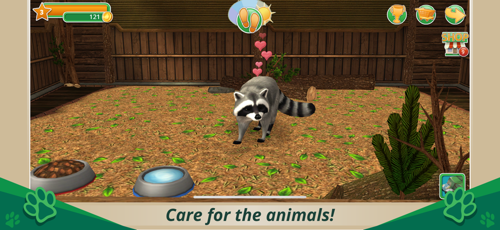 Un mapache en un recinto de madera con corazones apareciendo sobre su cabeza en el juego móvil Pet World WildLife America