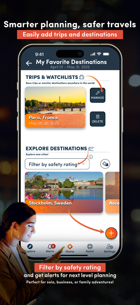 OZZI - Global Personal Safety - OZZI App-Oberfläche zur Planung sicherer Reisen mit Ziel-Watchlists und Sicherheitsbewertungs-Filtern.