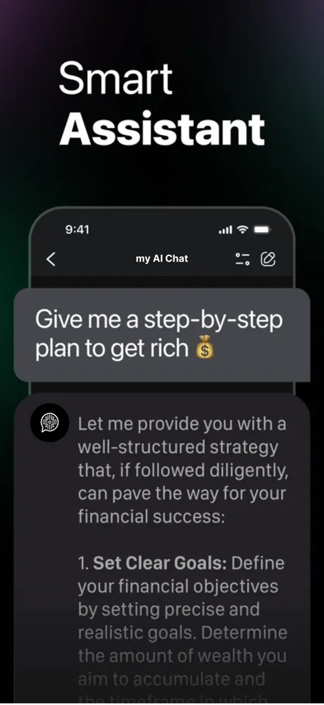 myAIChat - Chat Bot Assistant - myAIChat app screen showing a smart assistant providing a structured financial strategy