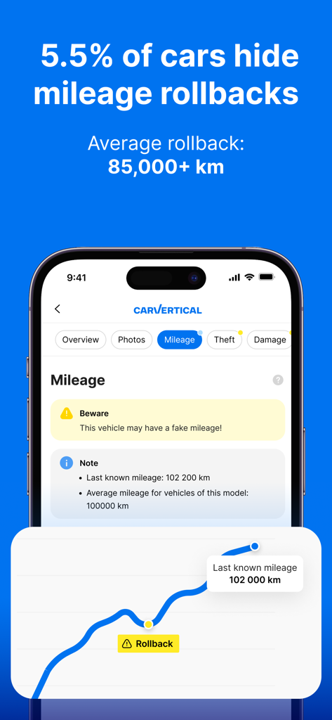 carVertical: Check Car History - Ecrã da aplicação carVertical mostrando um relatório de histórico de quilometragem com um aviso de adulteração de conta-quilómetros e gráfico de dados