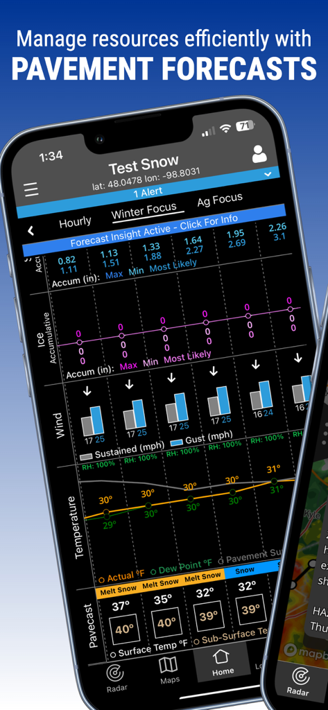 Clarity Weather app interface showing professional pavement surface temperature and winter accumulation forecasts