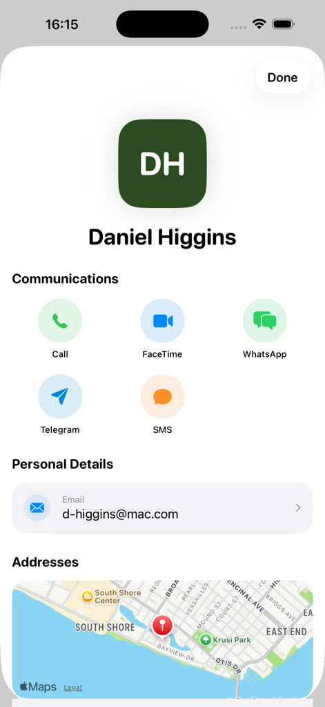 Fast Calls - Interface de l'application Fast Calls affichant les informations de contact pour Daniel Higgins avec des boutons d'action rapide pour les appels et les messages.