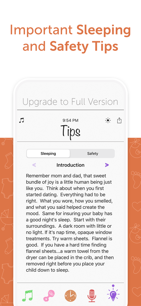 White Noise Baby Lite - Écran de smartphone de l'application White Noise Baby Lite affichant des conseils sur le sommeil et la sécurité pour les bébés