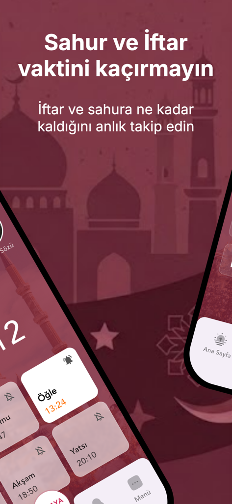 터키 기도 시간 모바일 앱 인터페이스, 사후르와 이프타르 일정, 모스크 실루엣 배경 표시