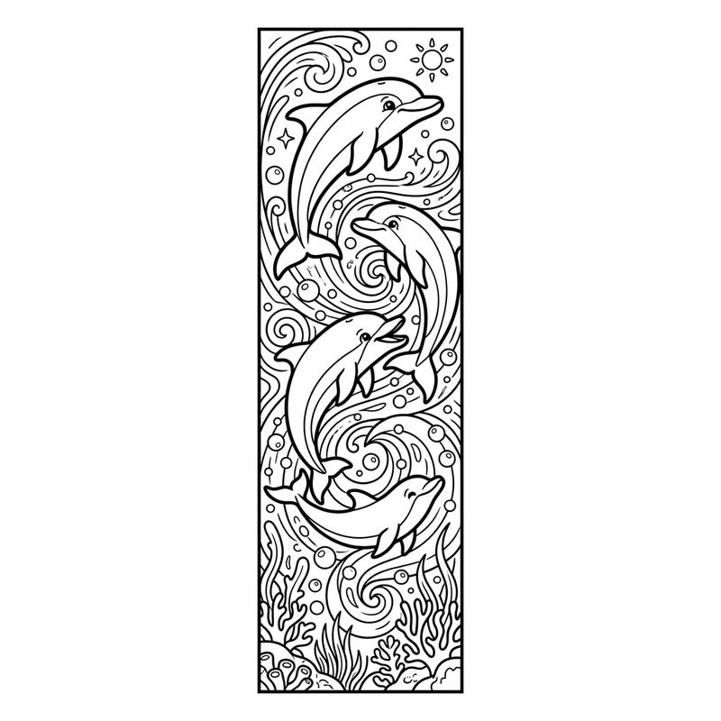 Transform your reading experience with this captivating Spinner Dolphins bookmark coloring page. Featuring playful dolphins leaping through vibrant ocean patterns, it's a perfect blend of creativity and functionality.