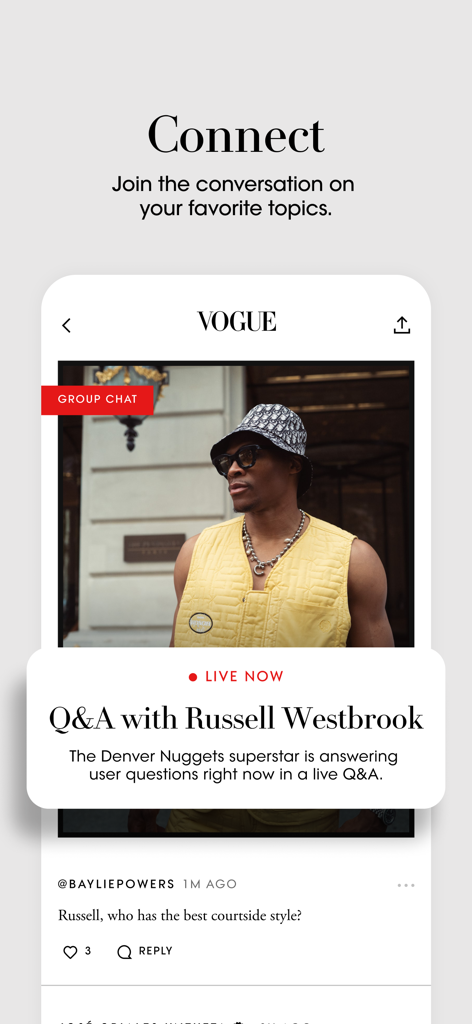 Interface of the Vogue app showing a live group chat and Q&A session with Russell Westbrook