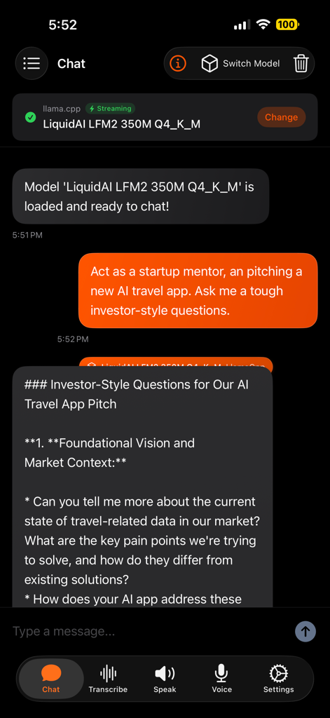 Smartphone interface of RunAnywhere app showing a private AI chat conversation powered by a local model.