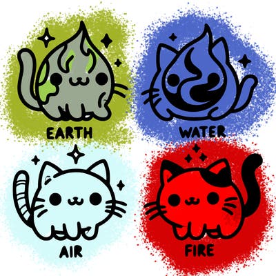 4 cats that represent the different elements, earth, water, air, and fire