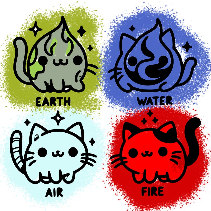 4 cats that represent the different elements, earth, water, air, and fire