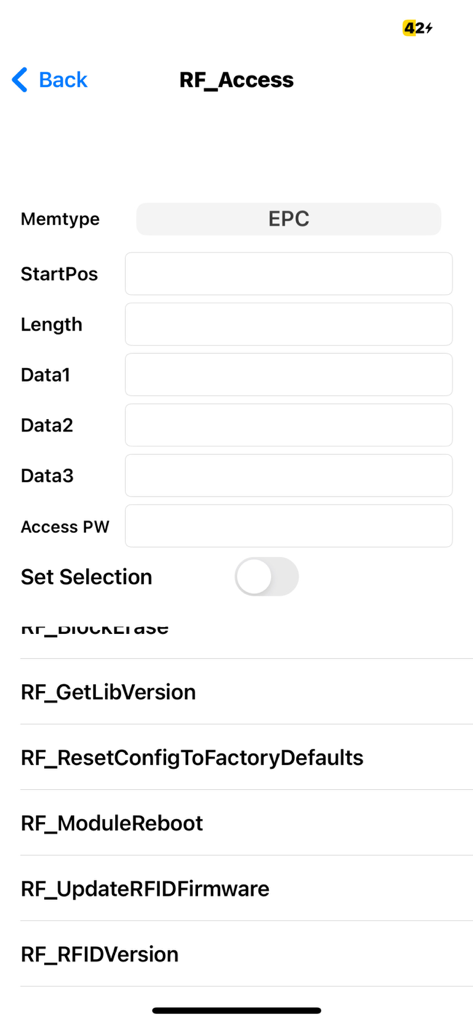 RFR901 APP - Interface technique de l'application RFR901 montrant les paramètres d'accès RF et les options de gestion de l'appareil