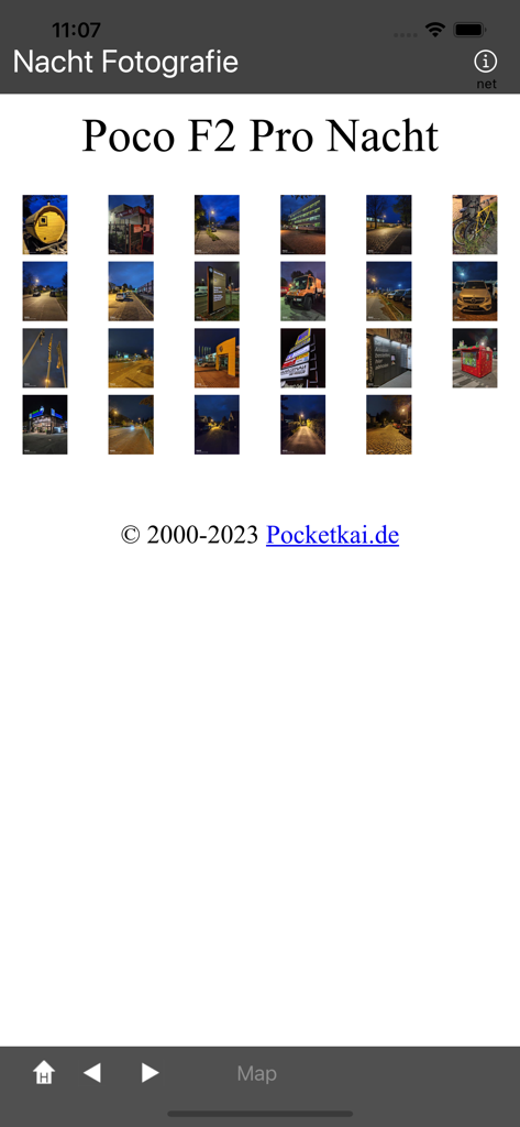 A mobile app interface displaying a grid of thumbnail photos taken at night with a Poco F2 Pro smartphone.
