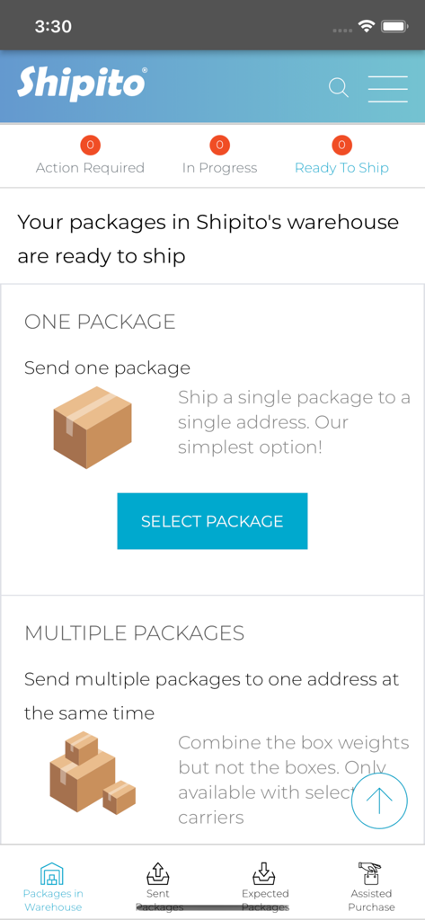 Interfaz de la aplicación Shipito que muestra las opciones de envío de paquetes individuales y múltiples desde el almacén