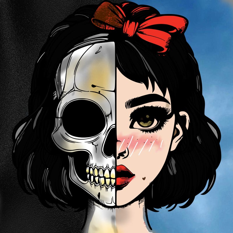 realistic girl with half skull mask