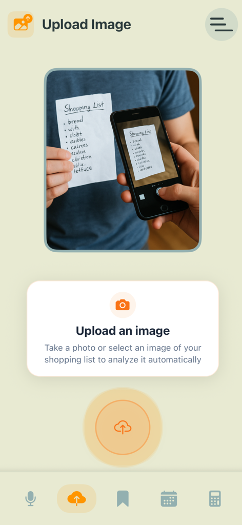 A person using their smartphone to take a photo of a handwritten grocery list to digitize it in the Voice Shopping list app