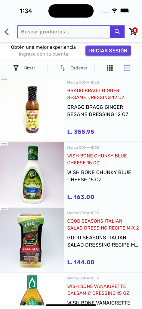 Comisariato Los Andes - Listado de productos de aderezos para ensaladas importados en la aplicación móvil Comisariato Los Andes