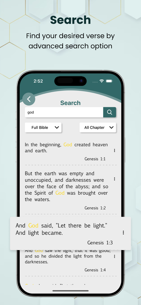 Catholic Jerusalem Bible+Audio - Pantalla de búsqueda en la aplicación Biblia Católica de Jerusalén que muestra versículos de Génesis.