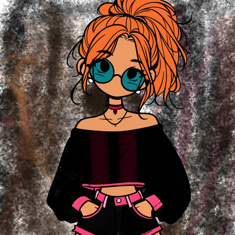 girl with a messy ponytail glasses a baggy crop top and jean shorts