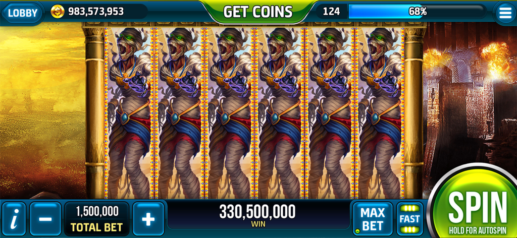 Gameplay-Screenshot von Slots Pharaohs Vegas Casino, der einen mumien-thematisierten Spielautomaten mit einem großen Gewinn zeigt