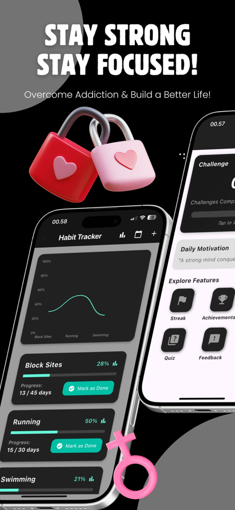 QUITPRN: Quit Porn Addiction - QUITPRN-App-Oberfläche, die Gewohnheitsverfolgung und Fortschrittsgrafiken zur Überwindung von Sucht zeigt