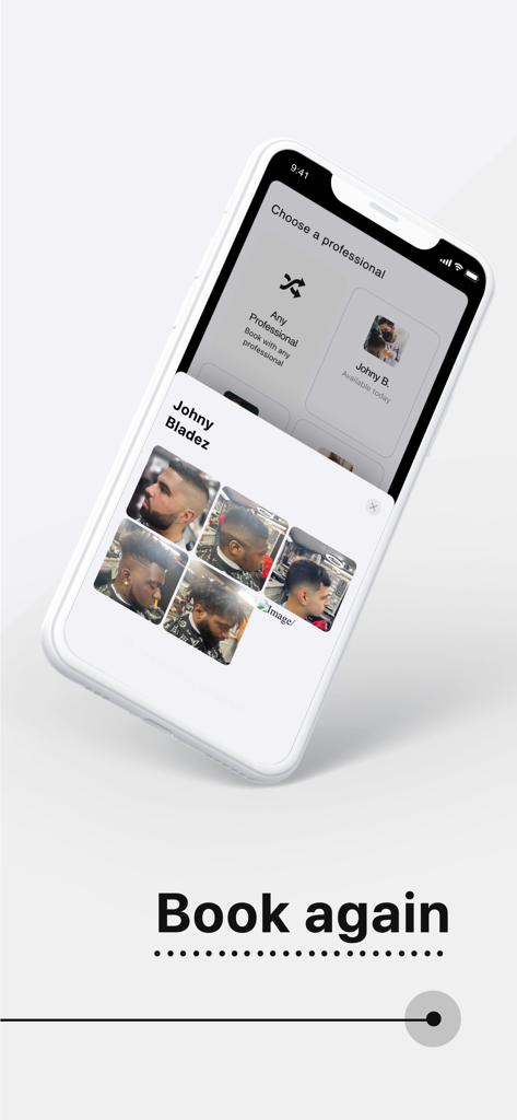 Interface do aplicativo móvel The Fade Factory mostrando uma seleção de barbeiros profissionais e um portfólio de cortes de cabelo fade.