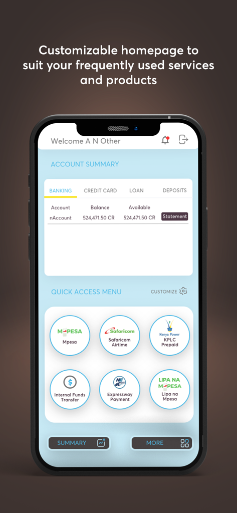 Painel do aplicativo móvel NCBA NOW mostrando resumo da conta e botões de acesso rápido para M-Pesa e Safaricom