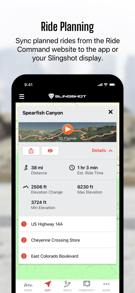 Slingshot® - Slingshot app ride planning screen showing route details for Spearfish Canyon including distance elevation change and a 3D flyover preview
