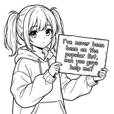 a cute anime girl with a sign saying  i’ve never been on the popular list, can you guys help me?