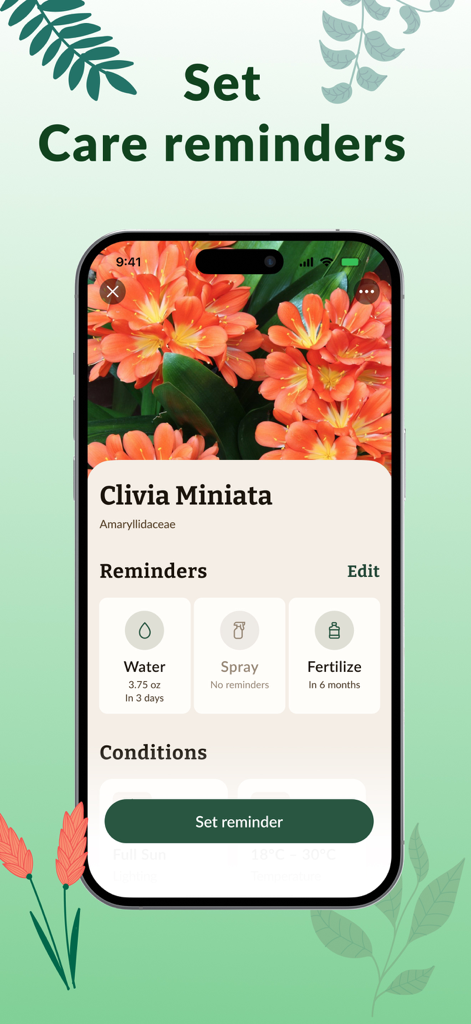 Uma interface móvel do aplicativo Plantaria exibindo lembretes de cuidados para uma planta Clivia Miniata com opções de rega, pulverização e fertilização