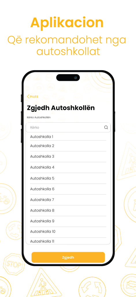 Oberfläche der Autoshkollaime-App zur Auswahl einer Fahrschule aus einer Suchliste