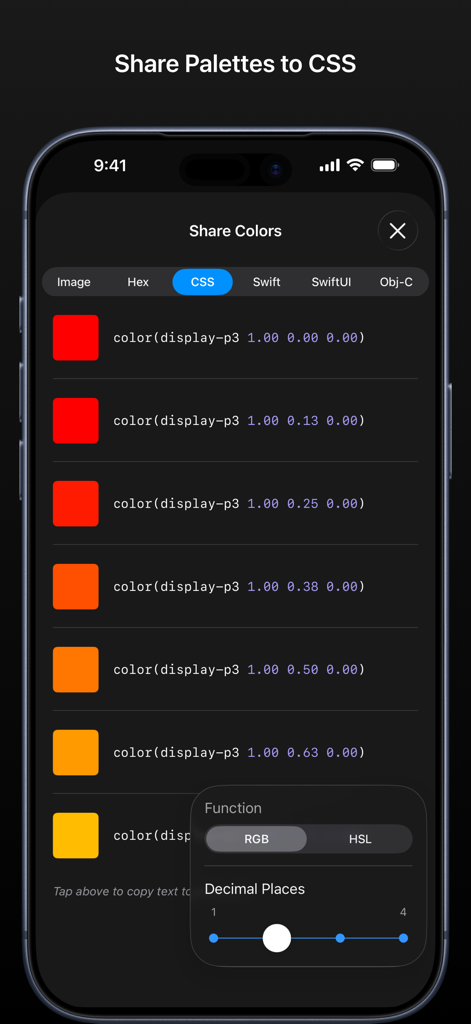 Colorlogix - Color Design Tool - Captura de pantalla de la aplicación Colorlogix que muestra una lista de colores y sus correspondientes fragmentos de código fuente CSS display-p3