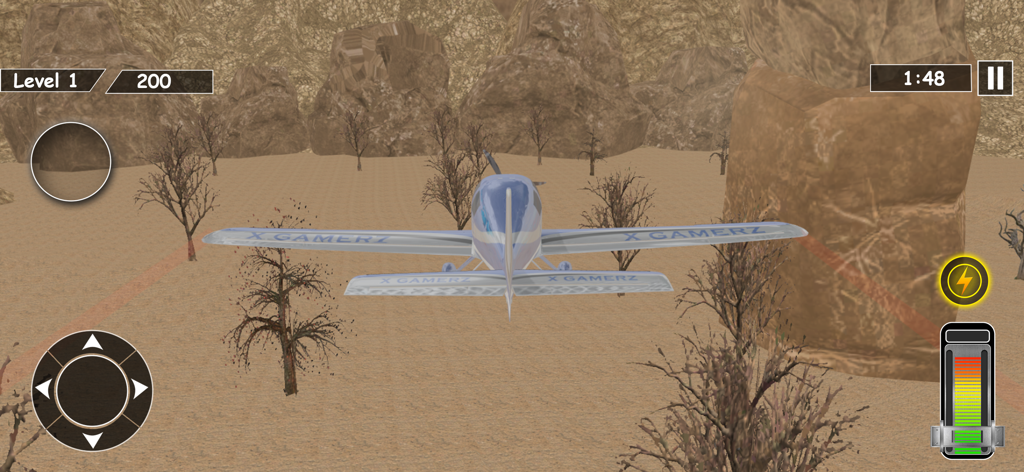 A small plane flying through a rocky canyon in a 3D flight simulator game.
