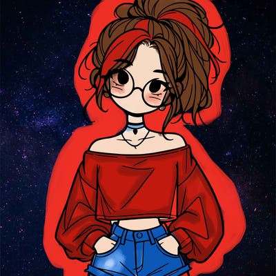 girl with a messy ponytail glasses a baggy crop top and jean shorts