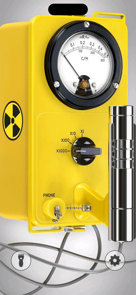 A yellow simulated Geiger counter prank tool within the app interface