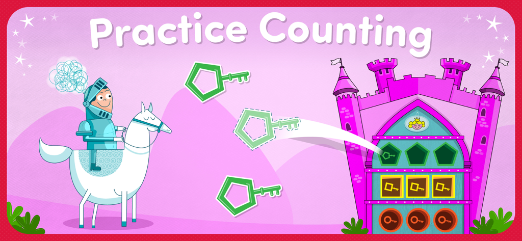 Un caballero y un caballo de dibujos animados en una pantalla de juego de aprendizaje de matemáticas titulada Práctica de Conteo.