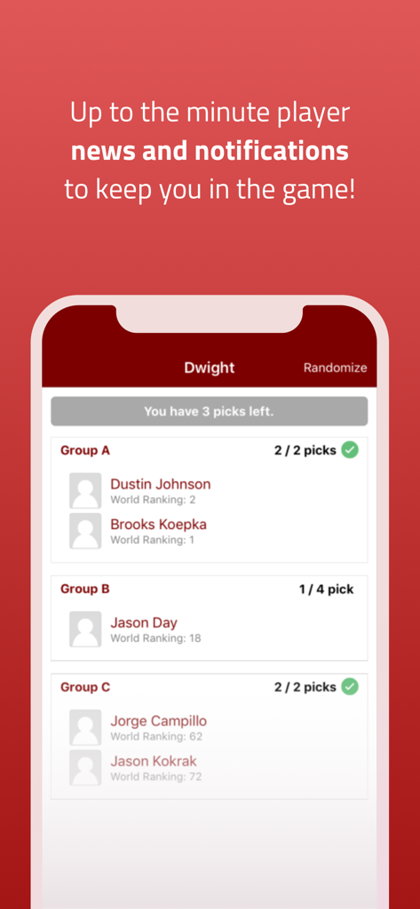 Officepools app screen showing player selection groups for a sports pool