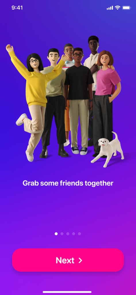 Sex Games: Dating, Chat, Quiz - Vielfältige 3D-Charaktere und ein Hund auf lila Hintergrund mit dem Text "Schnapp dir ein paar Freunde"