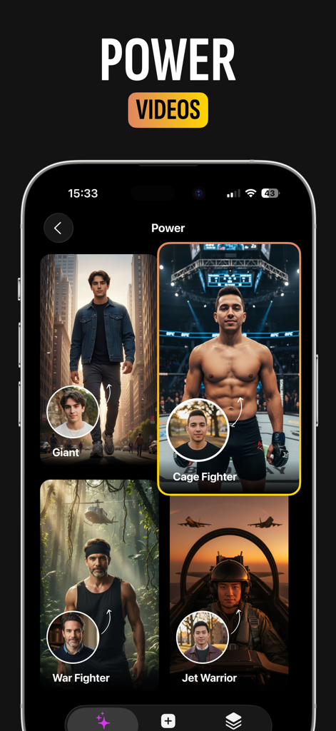 AIYAI - AI Photo & Video Maker - AIYAI app screen showing AI video transformations for power themes including cage fighter and jet pilot