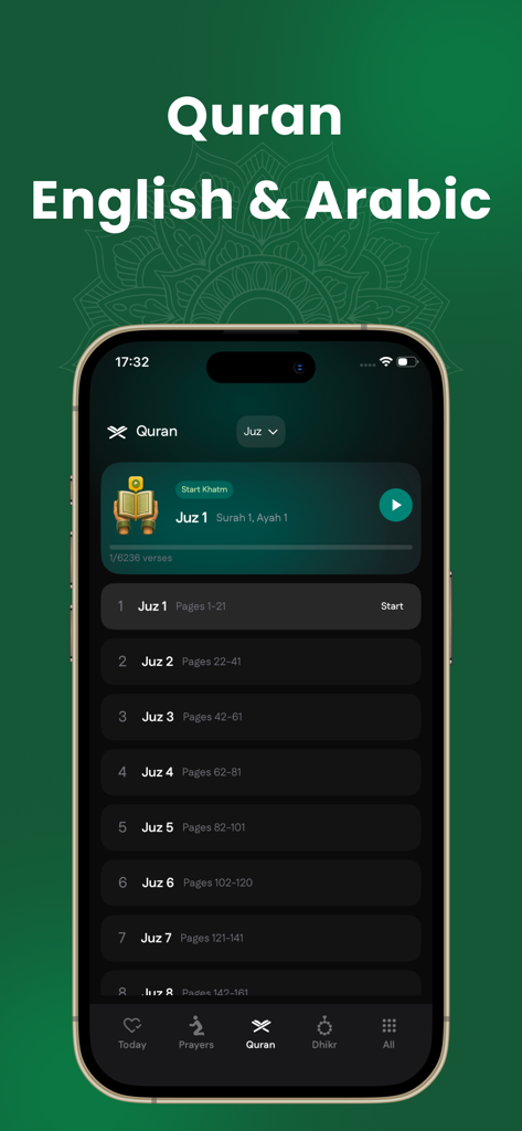 Ramadan Calendar 2026: Safa - The Safa app Quran screen listing different Juz parts with options for English and Arabic reading.