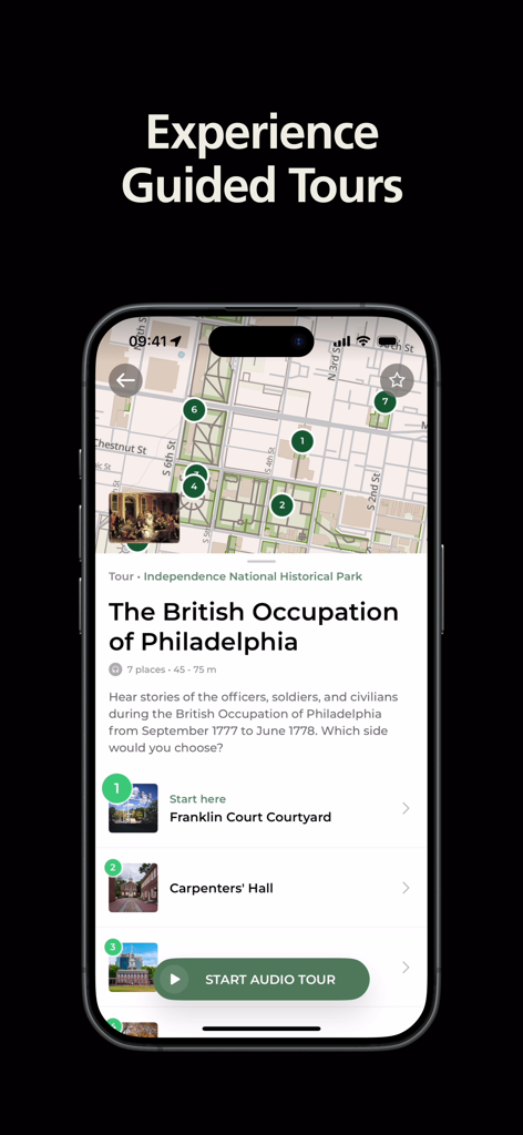 A mobile screen from the NPS app showcasing a self-guided audio tour of Philadelphia with an interactive map.