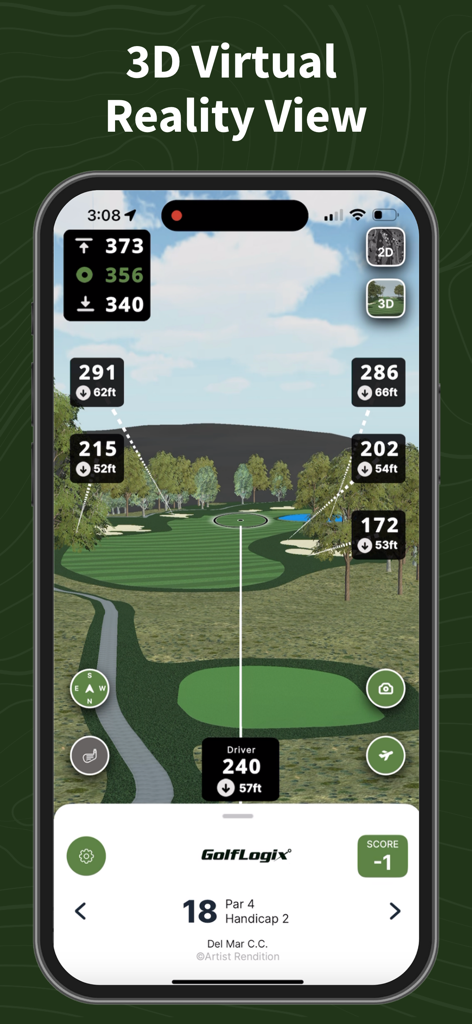 GolfLogix: 3D Golf Course GPS - GolfLogix app screen showing a 3D virtual reality view of a golf hole with elevation adjusted GPS distances