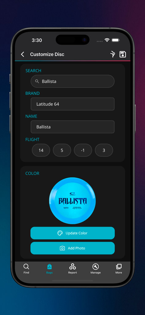 Disc Finder: Disc Golf Bag - Interface for customizing disc golf disc details including brand flight numbers and photos