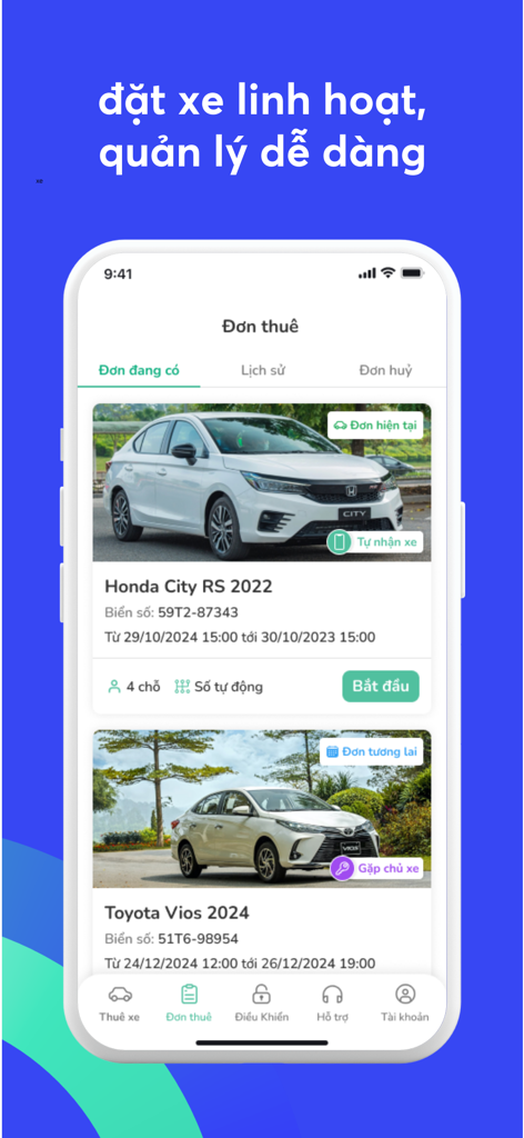 BonbonCar - Thuê xe tự lái - Écran de l'application BonbonCar montrant les réservations de location de voiture actuelles et à venir avec les options de gestion
