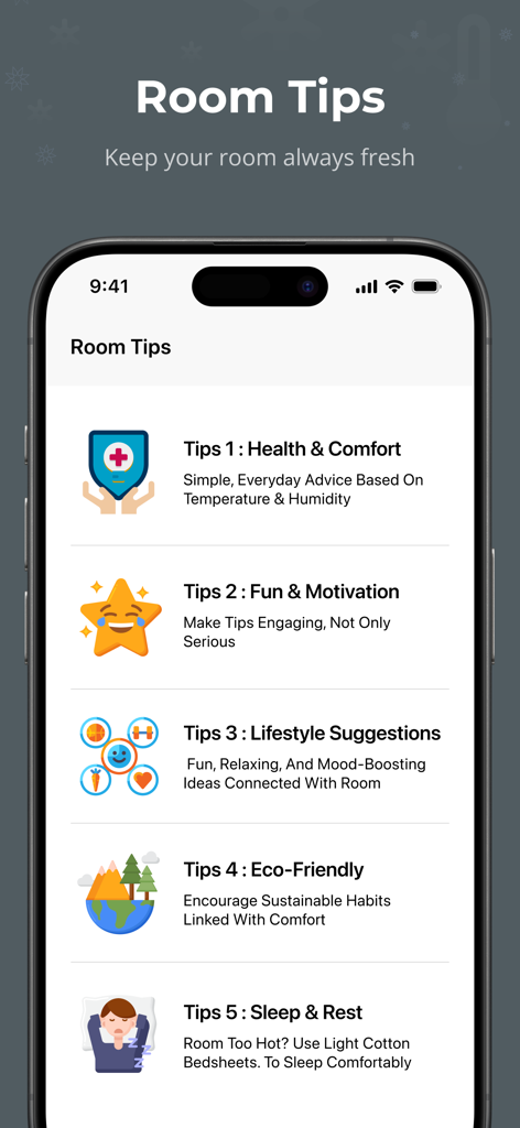 健康と睡眠のための室内ウェルネスと快適さのヒントを表示するモバイルアプリ画面。