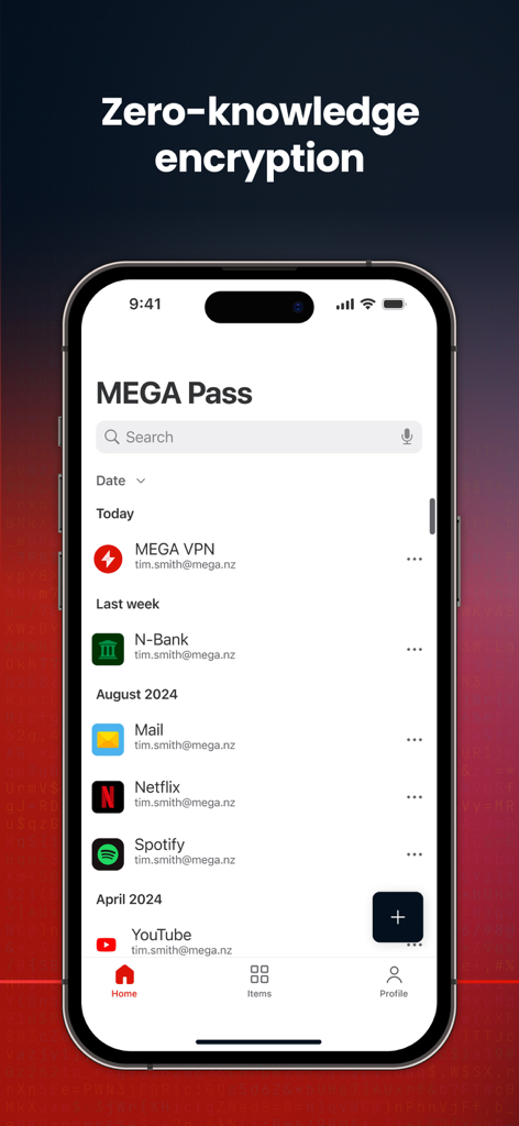 MEGA Pass app interface on an iPhone showing zero-knowledge encryption and a list of saved passwords for various services.