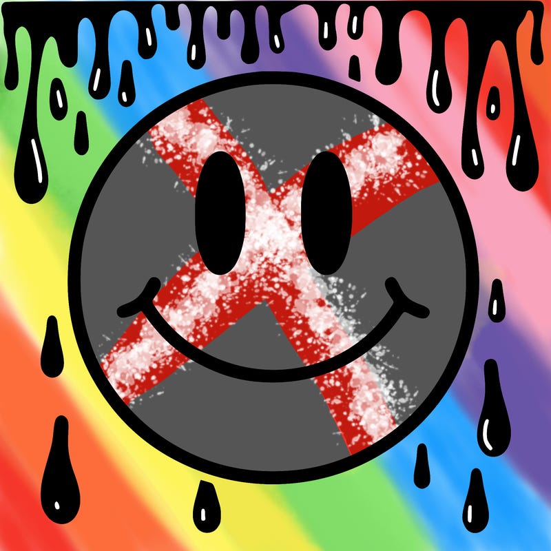 smiley face with drippy black and white background