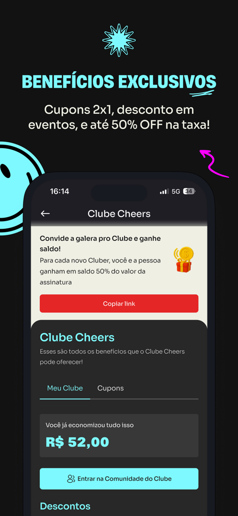 Cheers App - Pantalla de un smartphone mostrando la página de beneficios de club de Cheers App con descuentos y ofertas de eventos exclusivos.