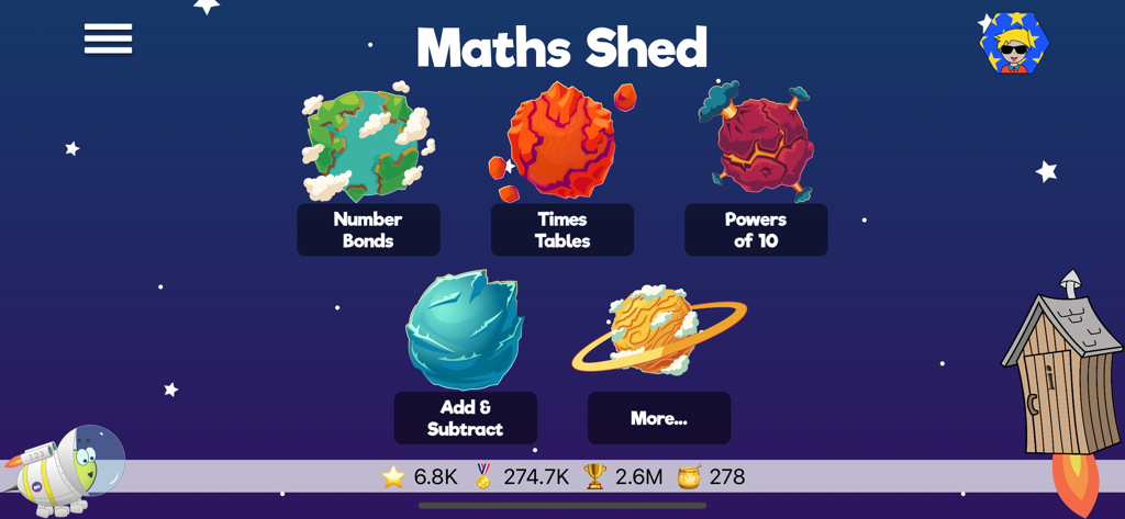 Math Shed - The home screen of the Math Shed app displaying various math learning modes as colorful planets in space.