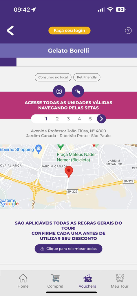 Tour Ribeirão Preto - Tela do aplicativo mostrando mapa de localização do restaurante e detalhes para Gelato Borelli