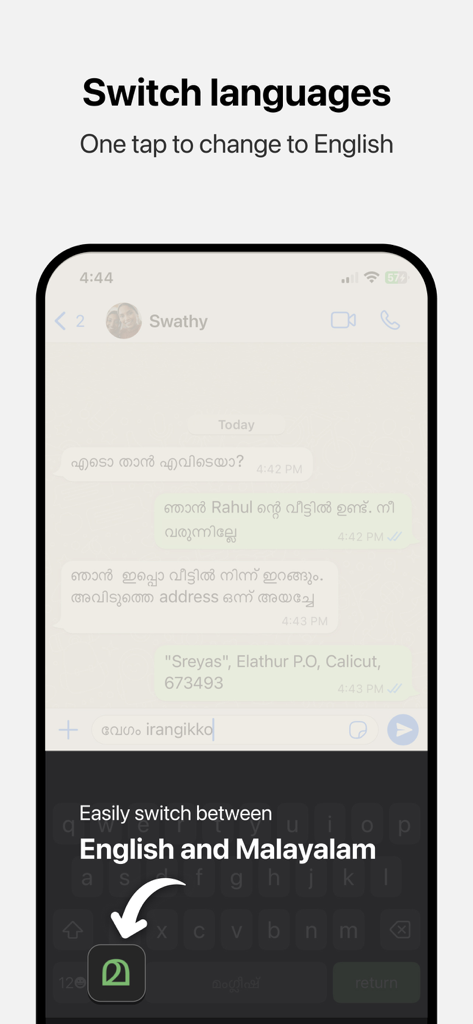 Manglish Keyboard - Interface showing the one-tap switch between English and Malayalam languages on the Manglish Keyboard
